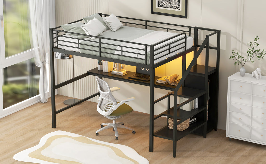Full Size Metal Loft Bed with Desk, Storage Staircase, Small Wardrobe and LED Light
