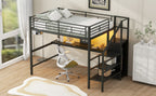 Full Size Metal Loft Bed with Desk, Storage Staircase, Small Wardrobe and LED Light