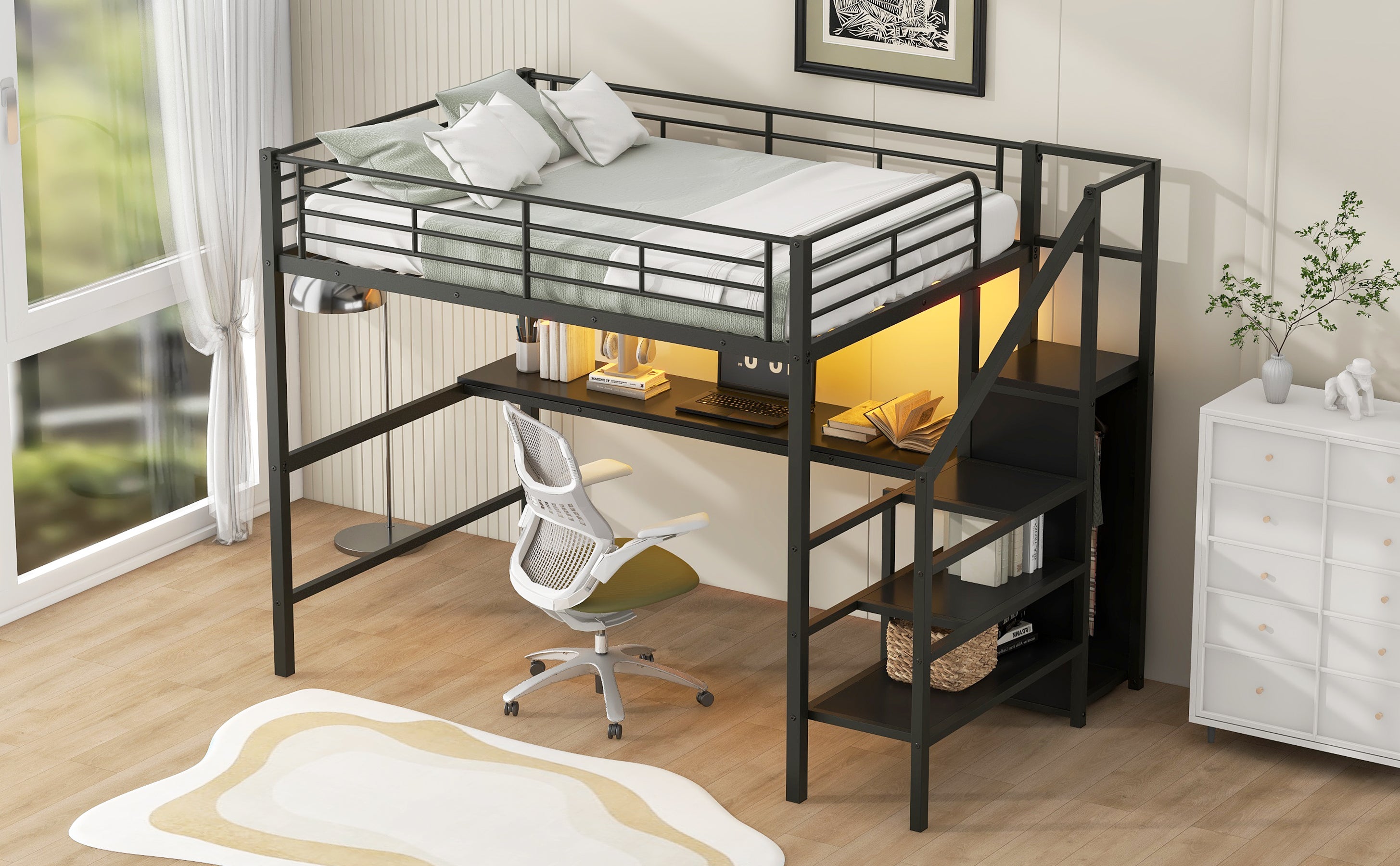 Full Size Metal Loft Bed with Desk, Storage Staircase, Small Wardrobe and LED Light