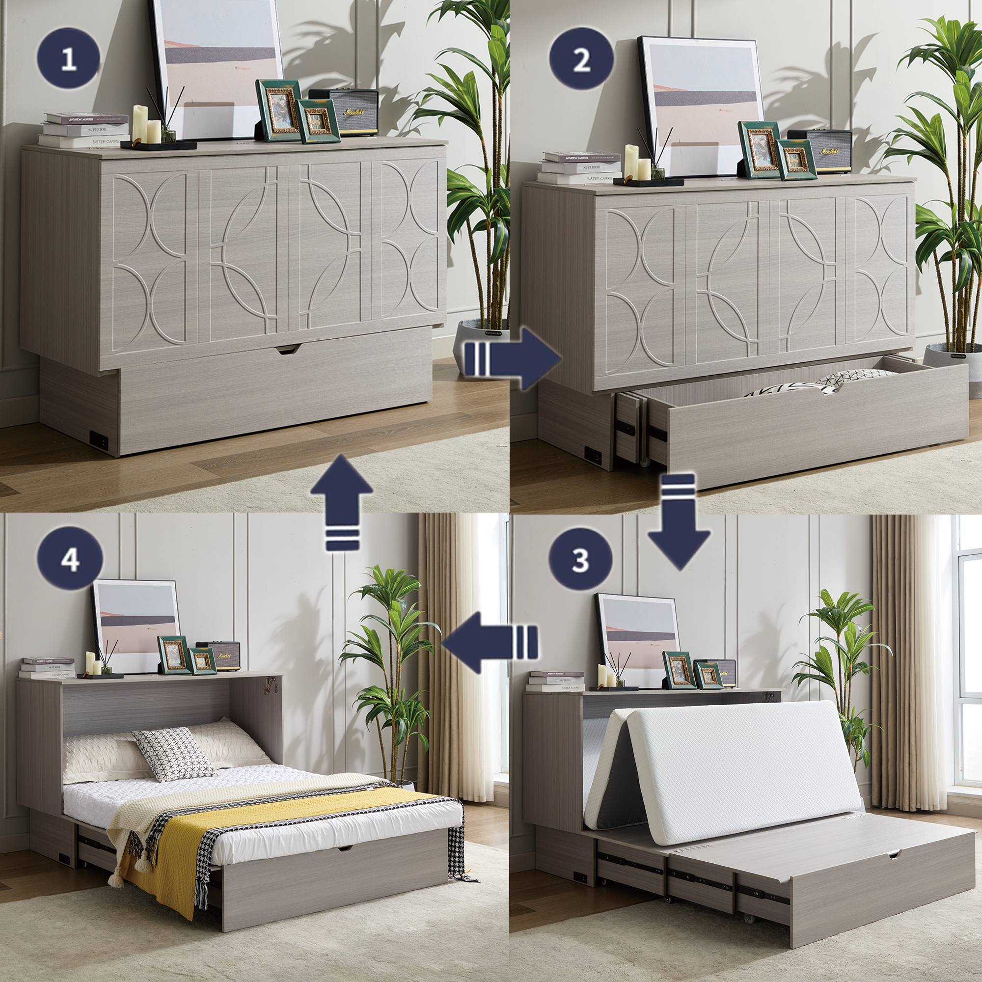 Cabinet Bed with Storage, Queen Bed, Folding Foam Mattress
