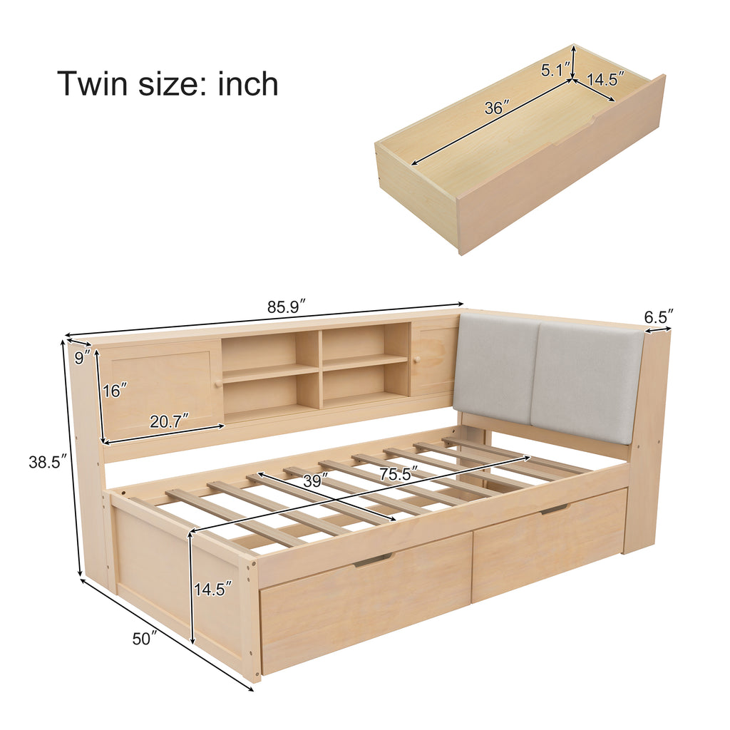 Wooden Twin Size L-shaped Daybed with Storage Bookcase