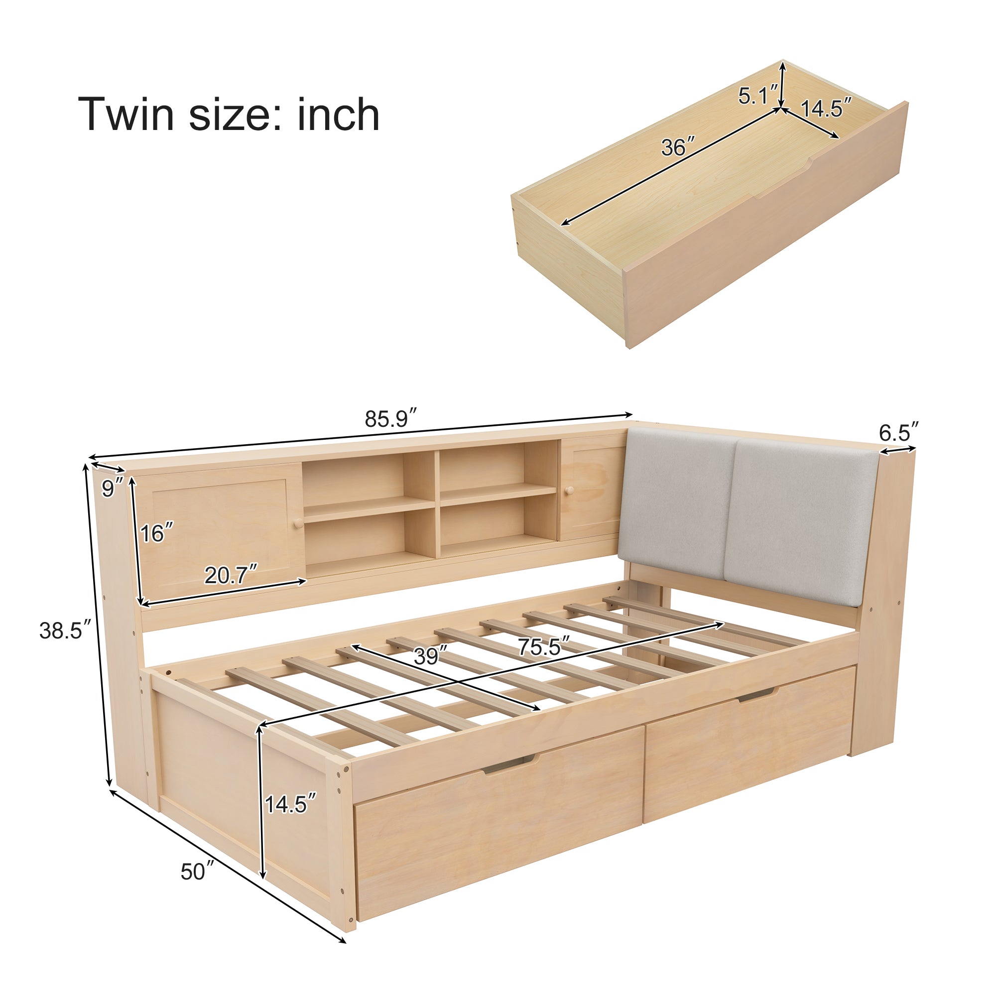 Wooden Twin Size L-shaped Daybed with Storage Bookcase