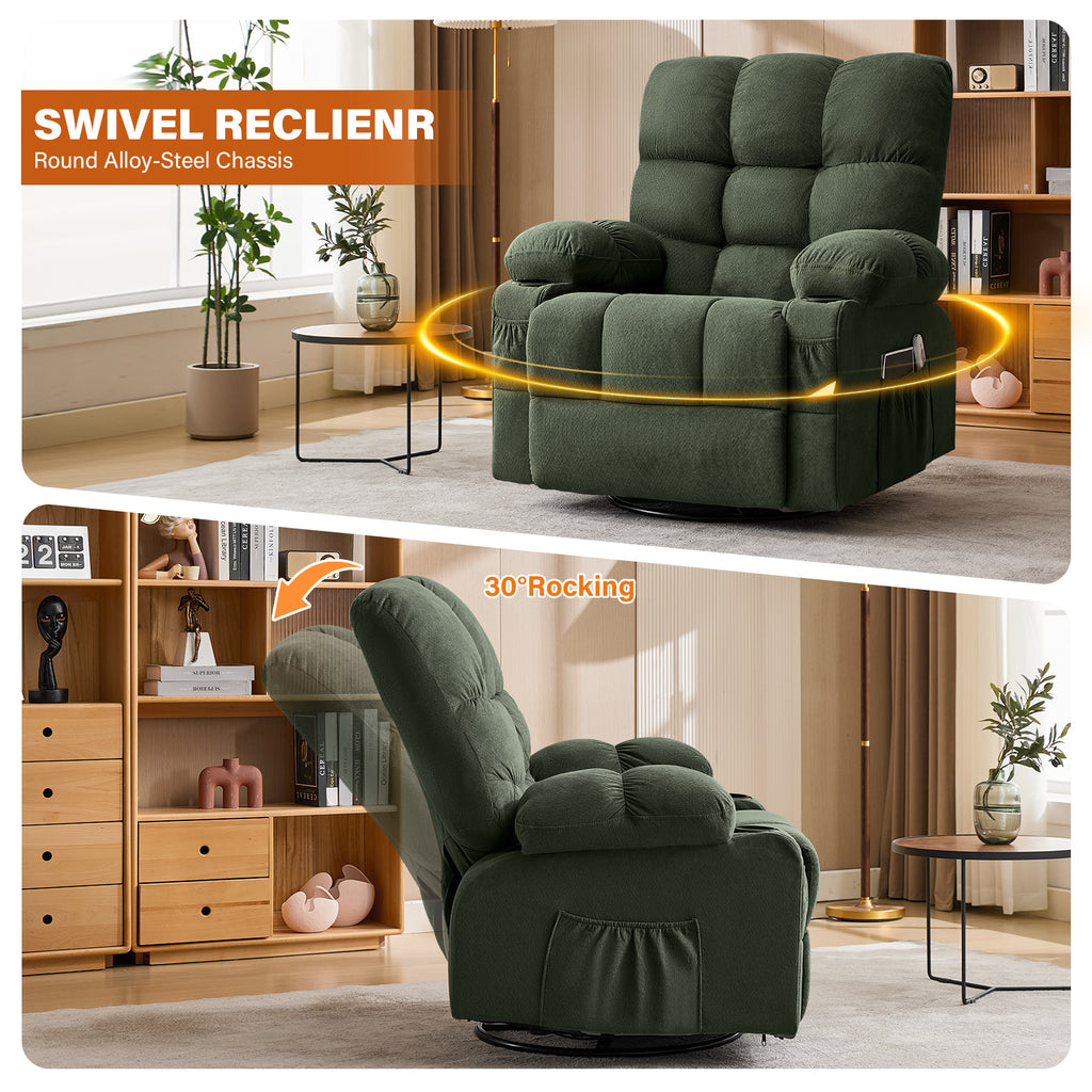 Massage Swivel Recliner Chair with Vibration Massage and Lumbar Heating for Adults,350LBS Oversized Rocker Recliner Single Sofa with Side Pocket,cup holder and USB Charge Port for Living Room