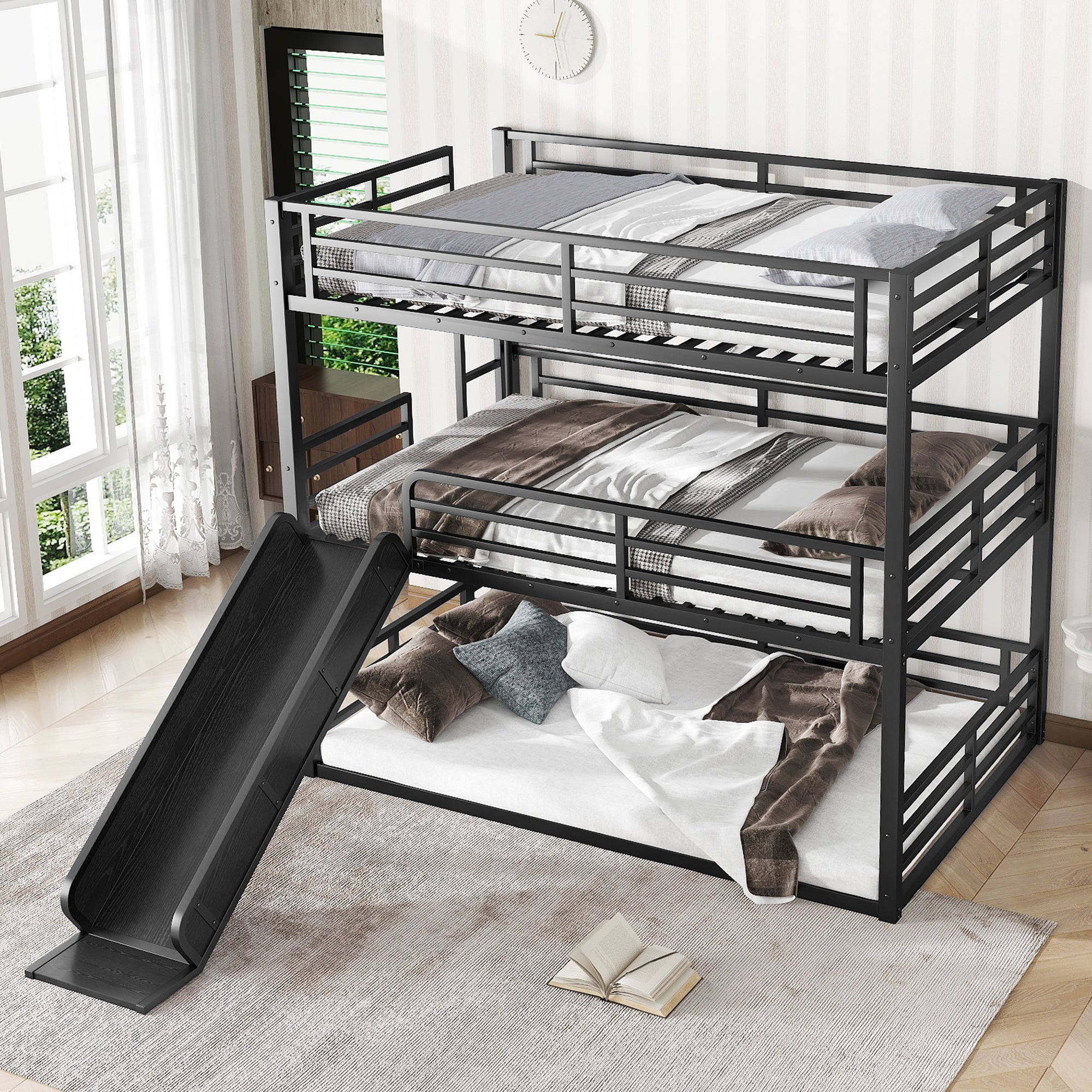 Full Over Full Over Full Bunk Bed with Slide