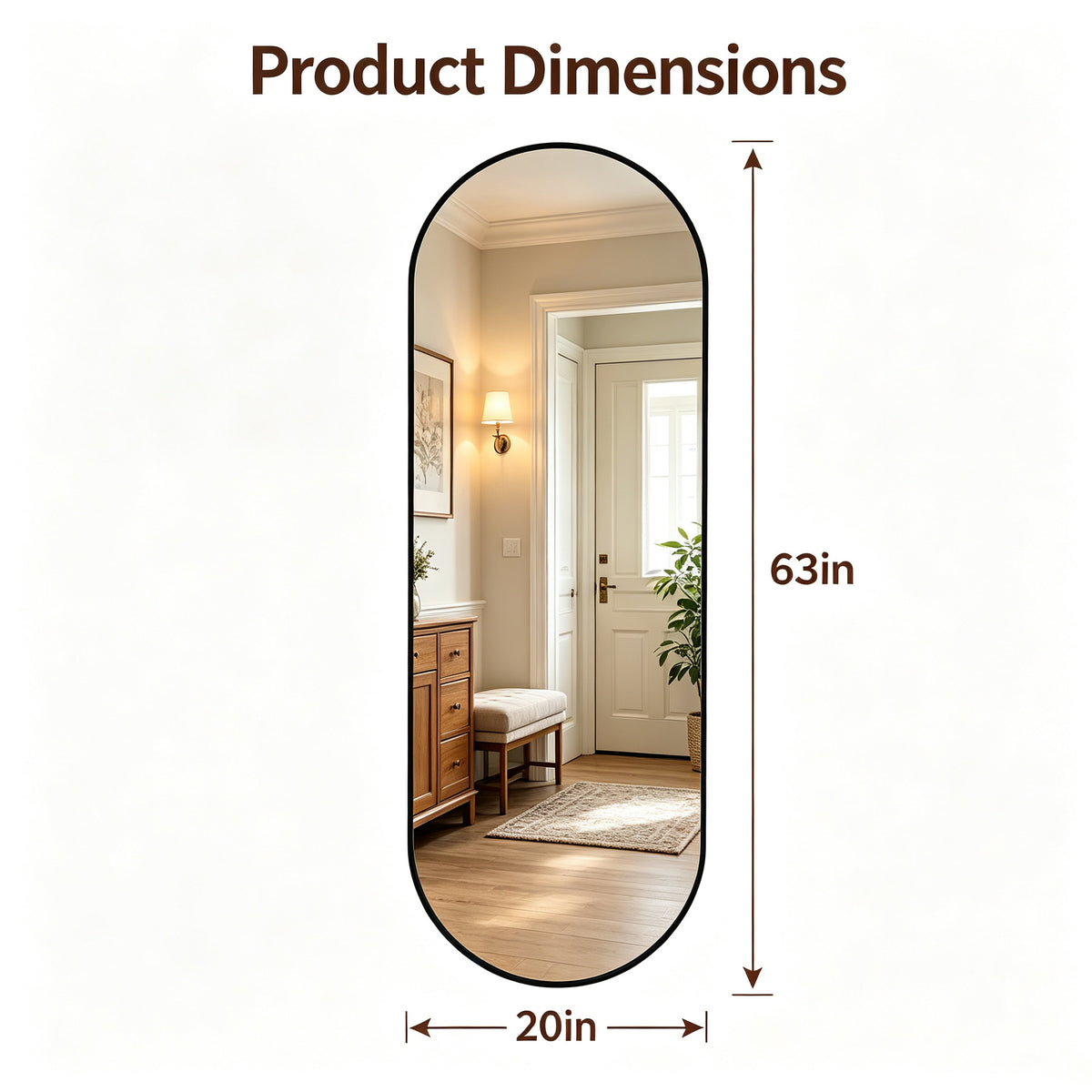 Black Pill Shaped Full Length Mirror, 63 x 20 Inches