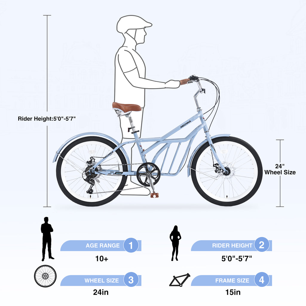 6 Speed Steel Frame 24 Inch Commuter Bike for Adults
