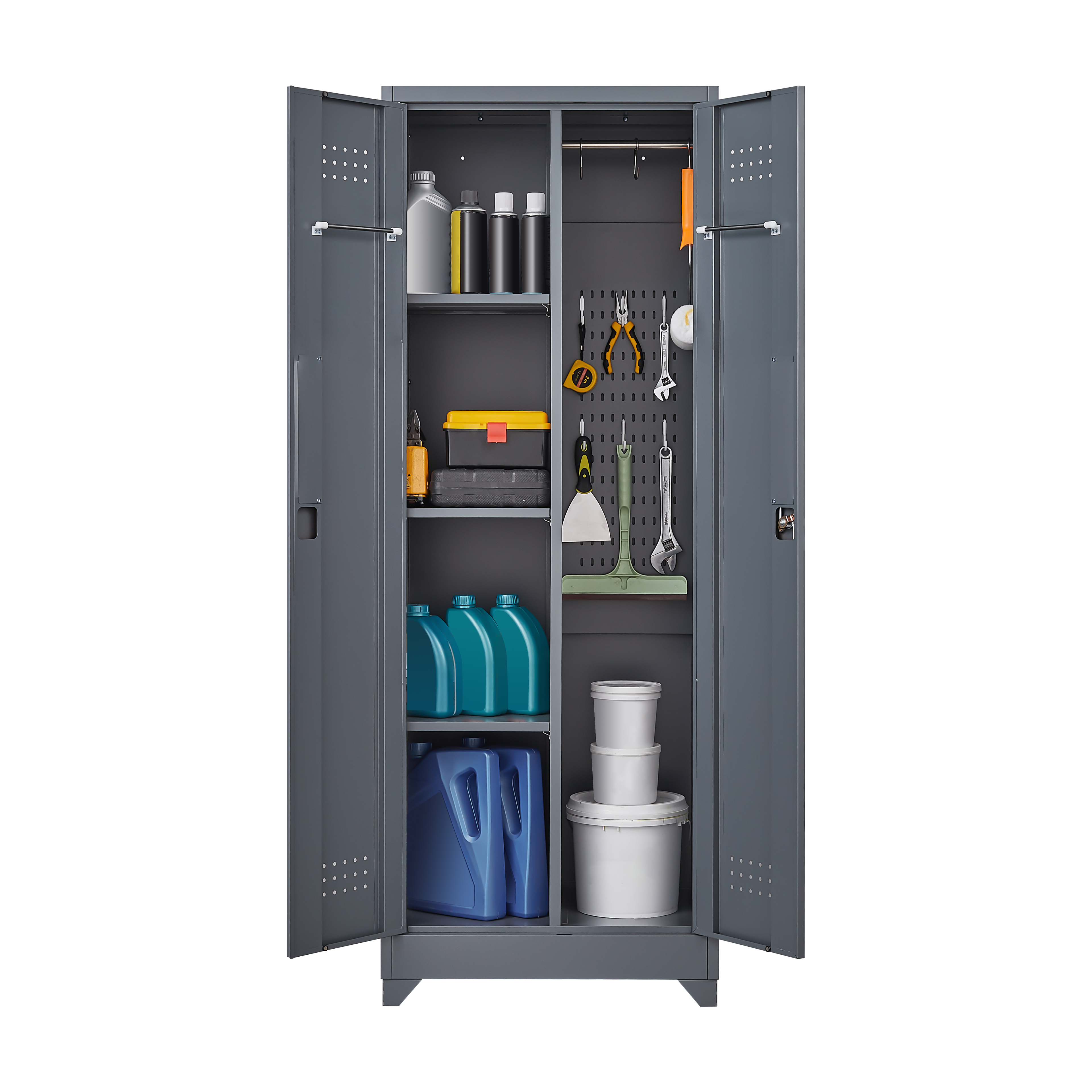 Broom Storage Cabinet With Locking Doors And Shelves