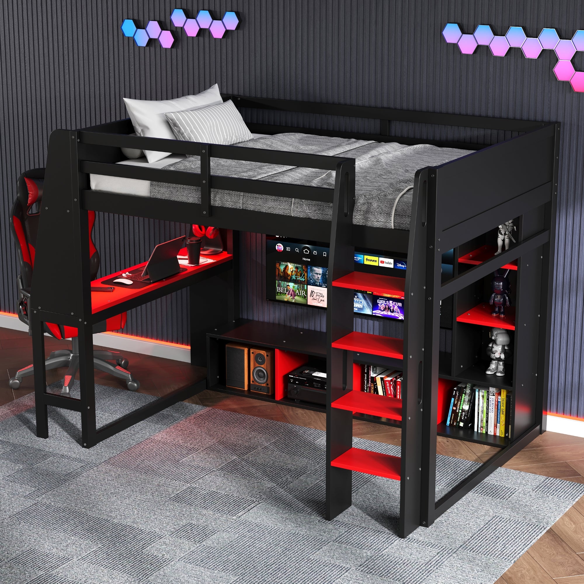 Wood Full Size Gaming Loft Bed with Desk, Multi-storage Shelves, LED and a Hanging Clothes Rack