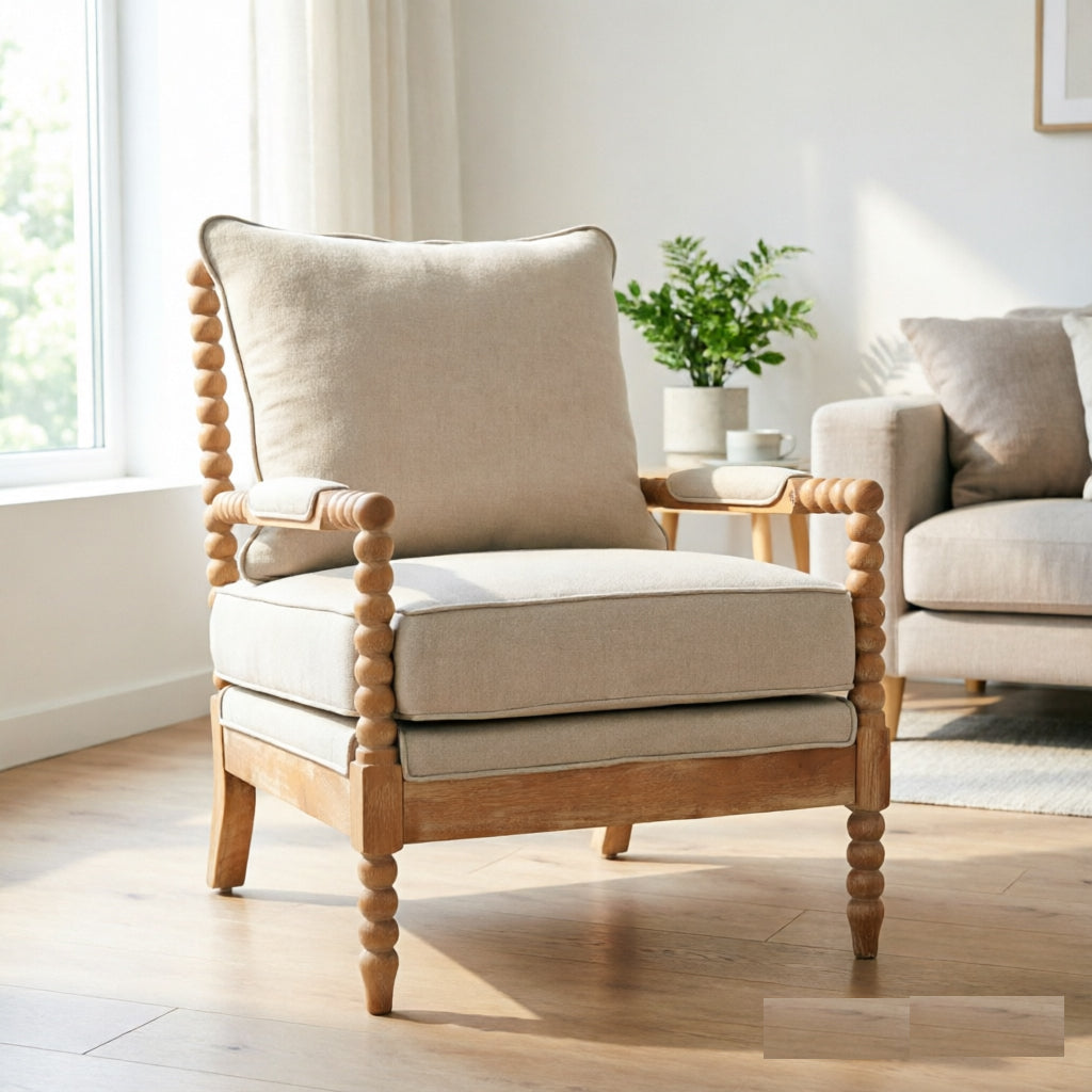 Rubber Wood Accent Chair - Upholstered Fabric Living Room Chair