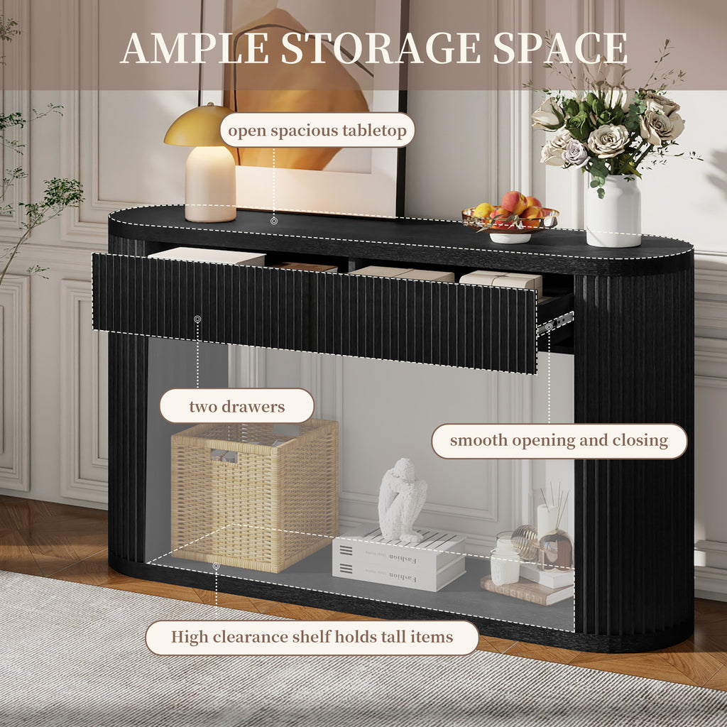 TREXM Oval Fluted Console Table with 2 Drawers and Bottom Shelf