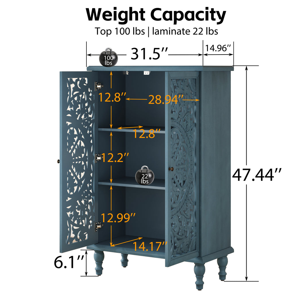 Farmhouse Accent Storage Cabinet, 2-Door Hollow Carved, Antique Blue