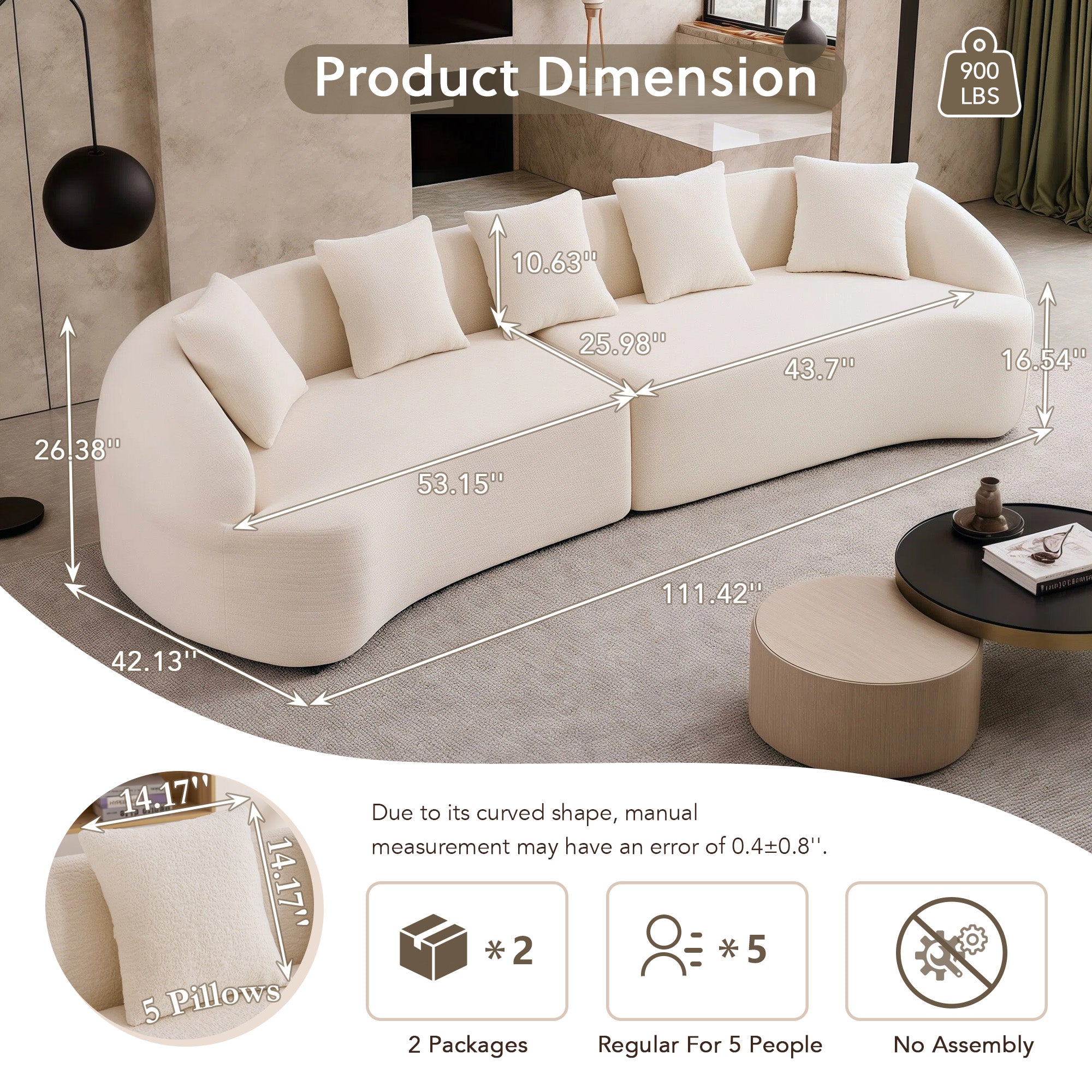 Curved Boneless Sofa, Compression Modular 110'' Sectional