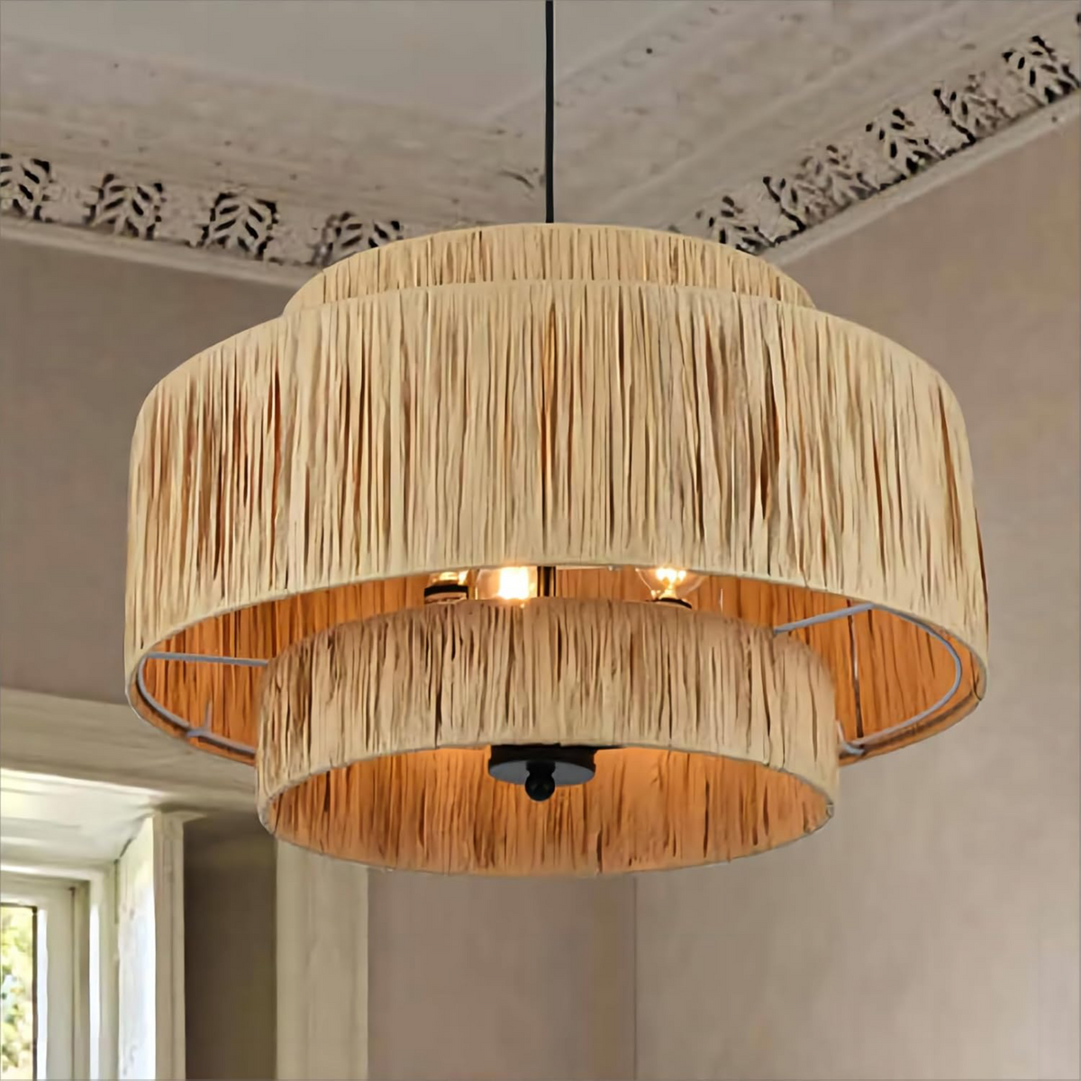 3-Light Boho Chandelier, Natural Rattan, 19.7-Inch Round