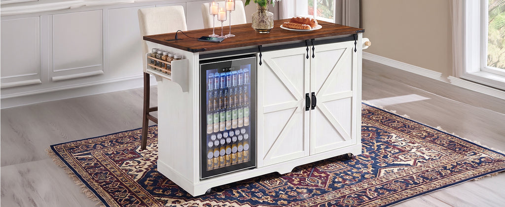 K&K 72" Farmhouse Kitchen Island with Fridge Storage