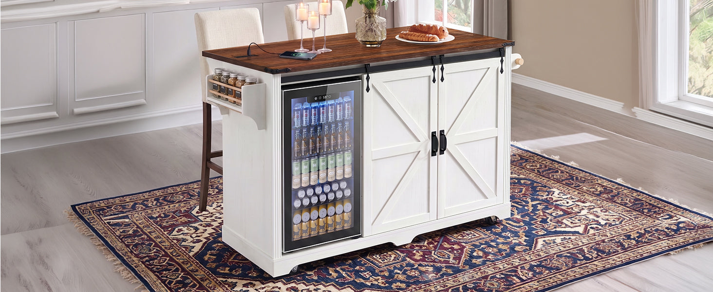 K&K 72" Farmhouse Kitchen Island with Fridge Storage