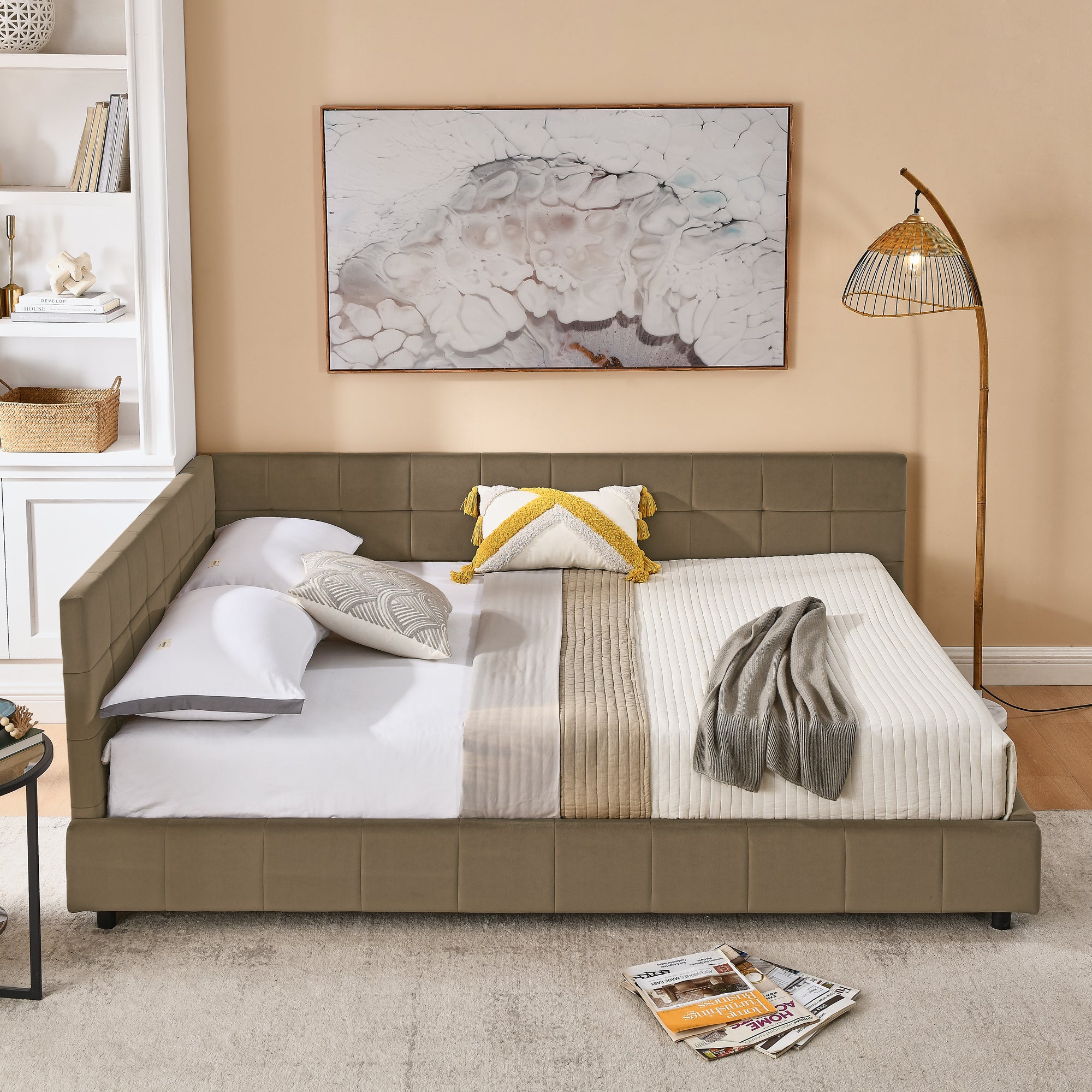 Queen Size Upholstered Tufted Bed Frame in Velvet Brown