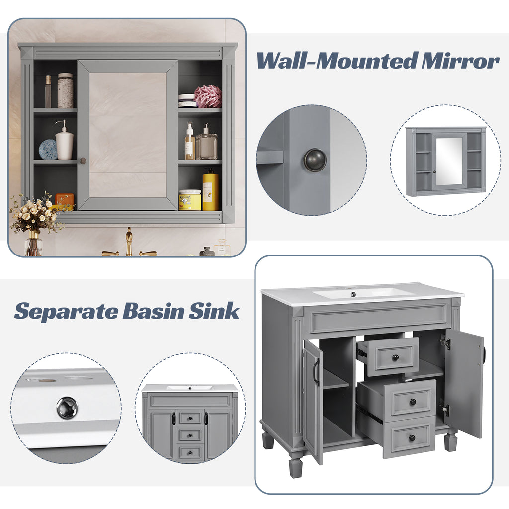 36" Bathroom Vanity with Top Sink, Mirror Cabinet
