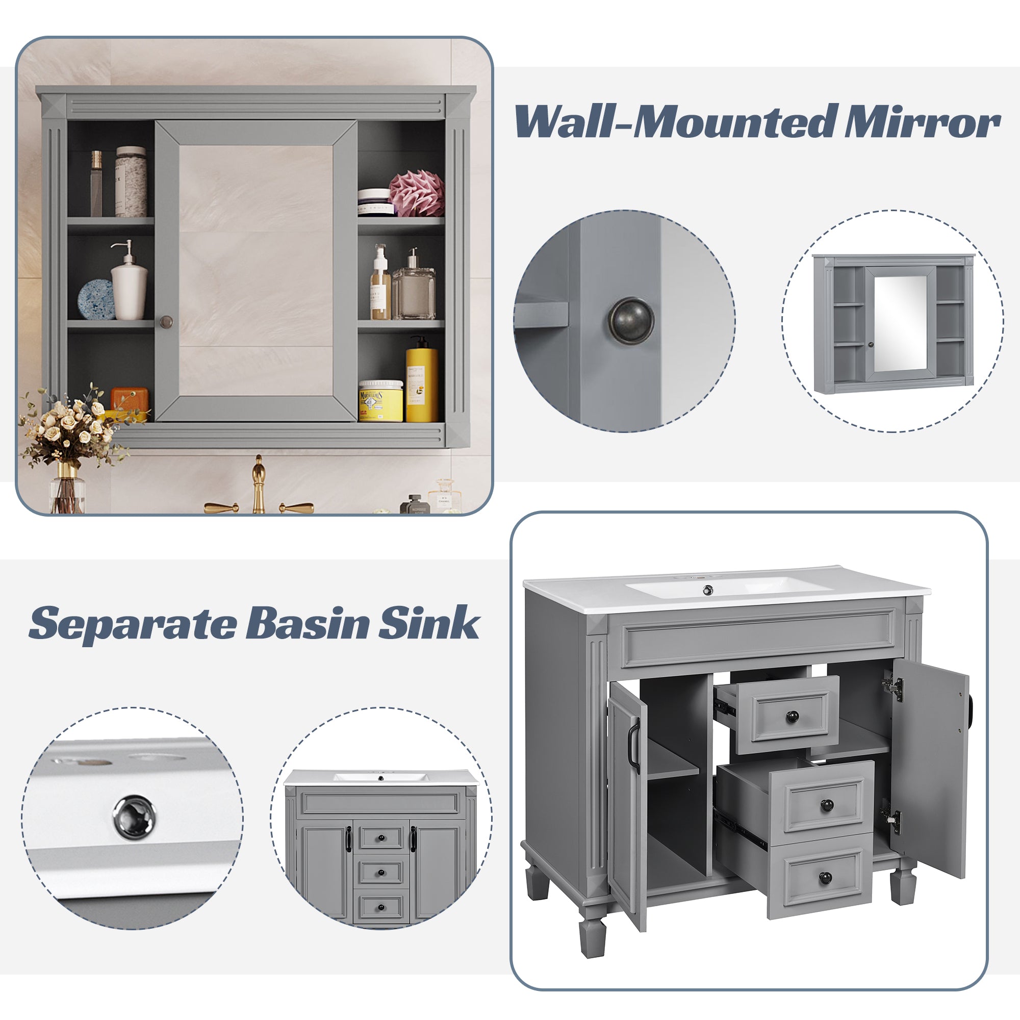 36" Bathroom Vanity with Top Sink, Mirror Cabinet