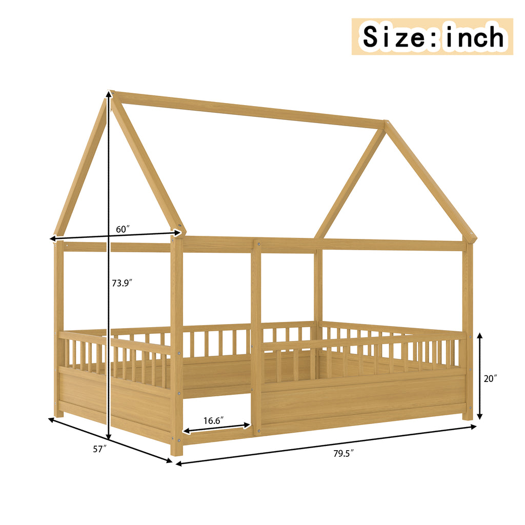 Full Size Floor Wooden Bed with House Roof Frame