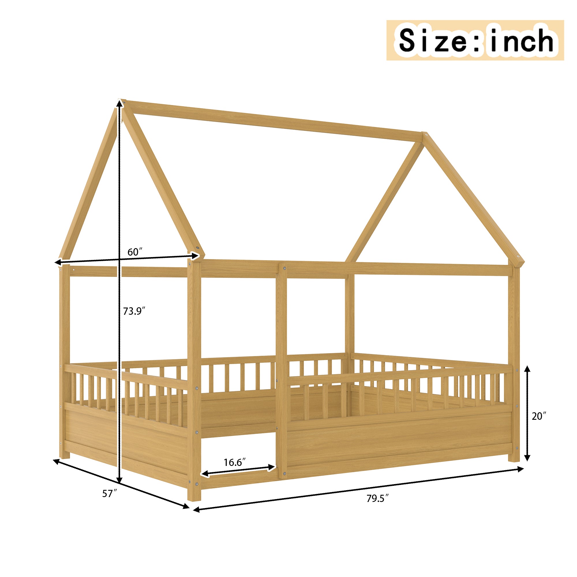 Full Size Floor Wooden Bed with House Roof Frame