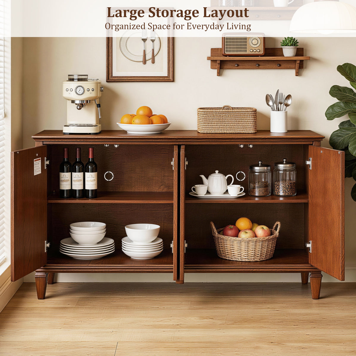 58" Mid Century Modern TV Stand, Wood Storage Cabinet with Carved Geometric Doors, 4 Door Media Console, Sideboard Buffet Cabinet for Living Room, Dining Room, Entryway 
WLRR