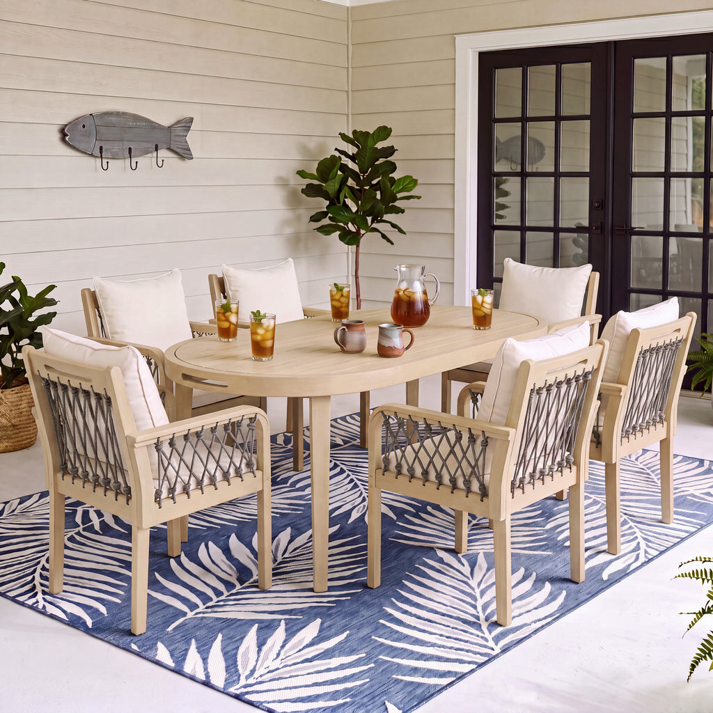 7-Piece Outdoor Acacia Wood Dining Set with Rope-Woven Armchairs