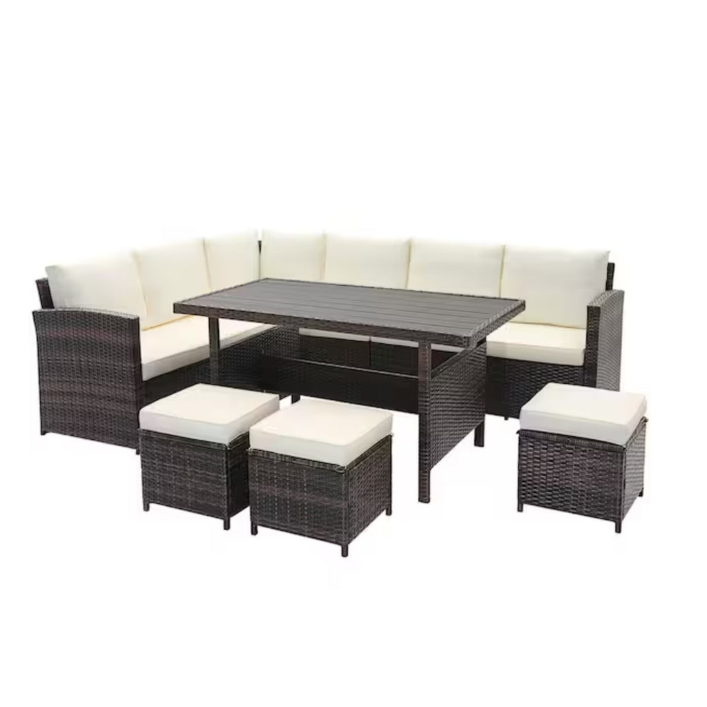 7 Piece Wicker Outdoor Dining Set, 9-Seat Outdoor Sectional
