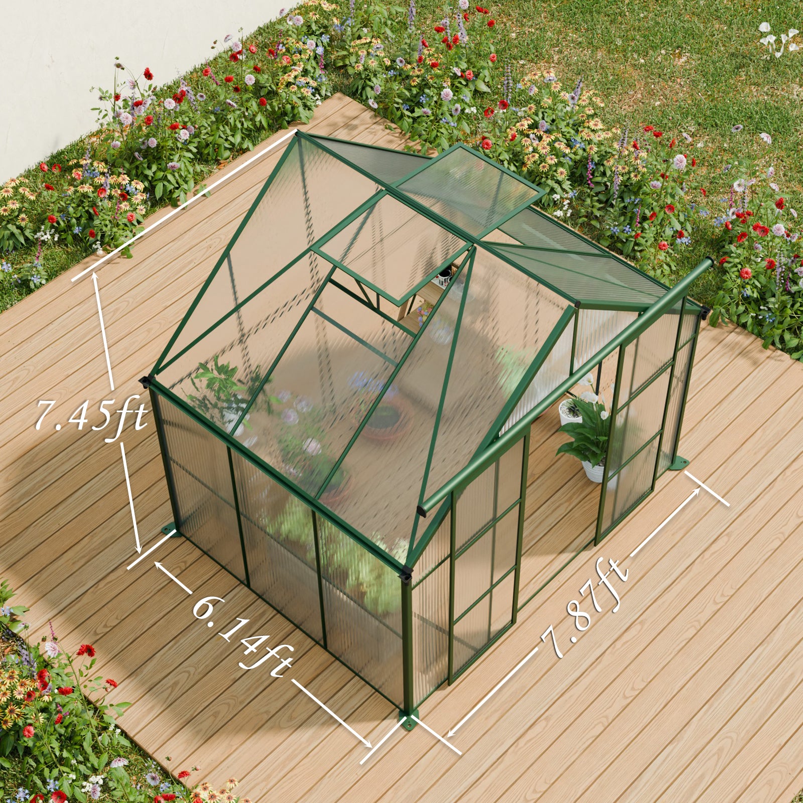 Green Double Door Polycarbonate Greenhouse - 8x6ft