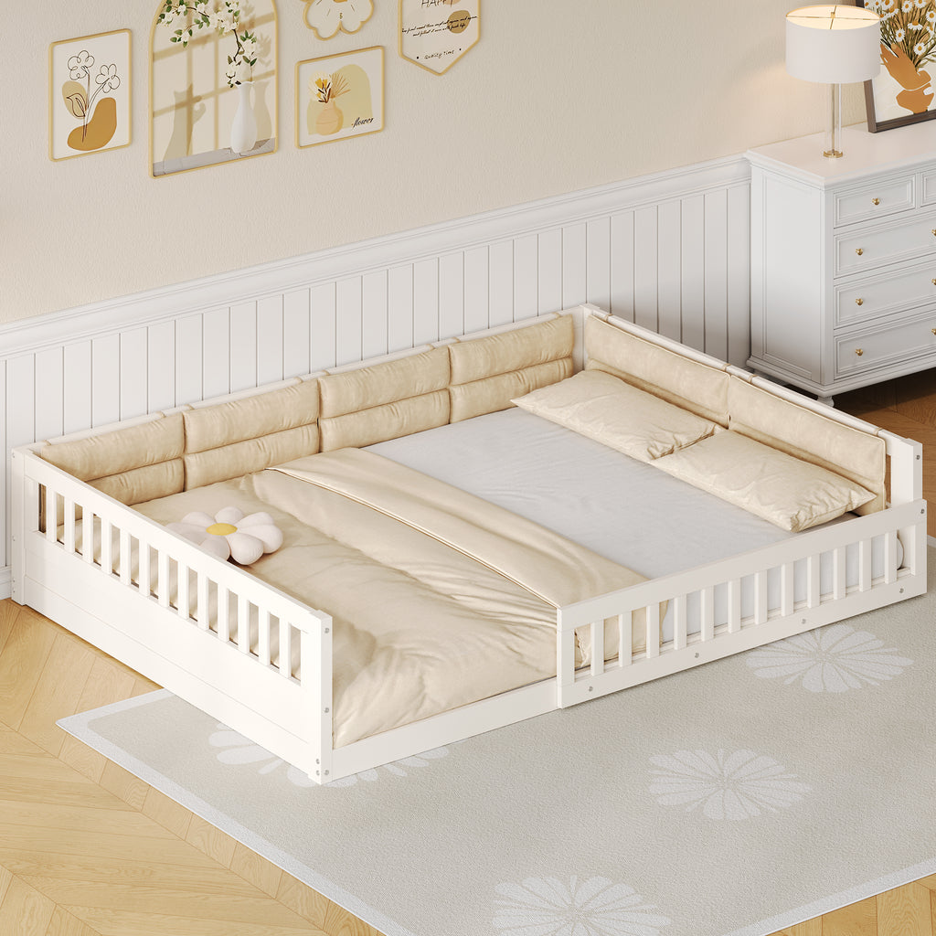 Wood Full Size Upholstered Platform Bed with Guardrail and Pillow