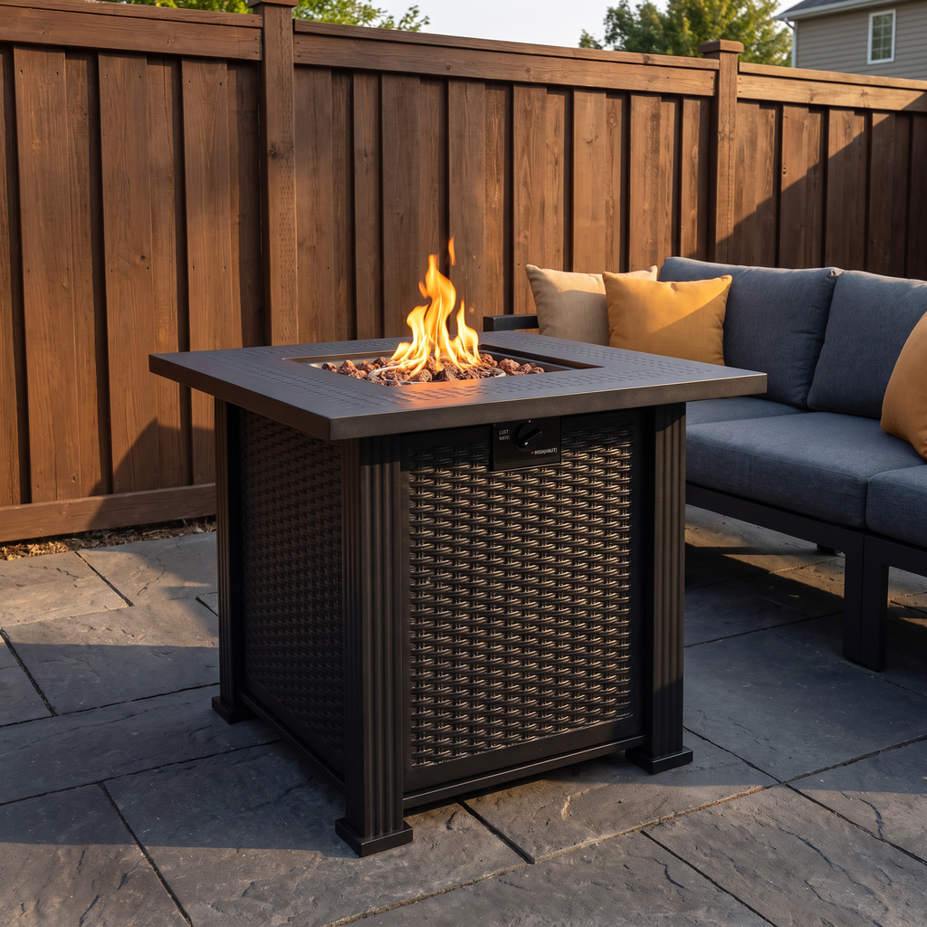 27.95-Inch Modern Outdoor Fire Pit Table with Lava Rocks, Black Steel