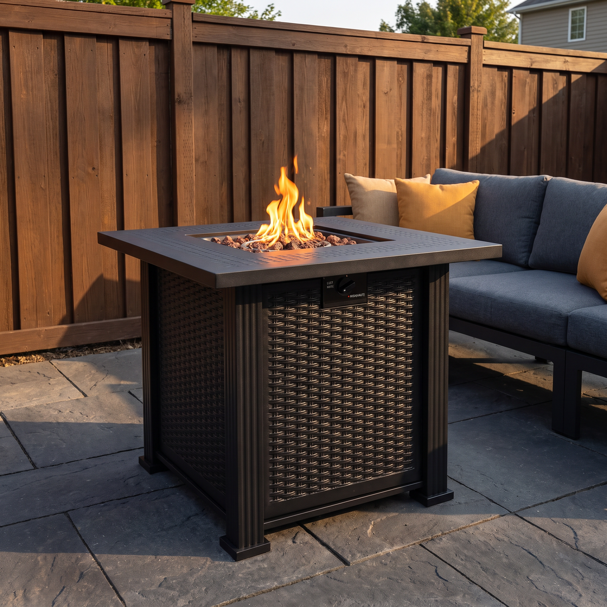 27.95-Inch Modern Outdoor Fire Pit Table with Lava Rocks, Black Steel