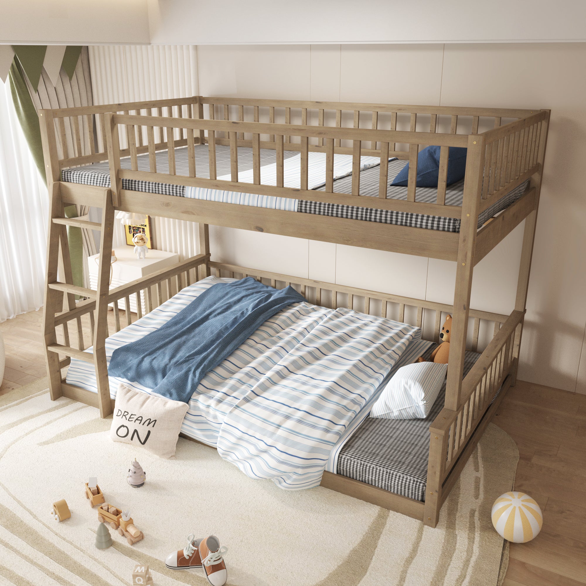 Full XL Over Queen Bunk Bed with Ladder and Guardrails