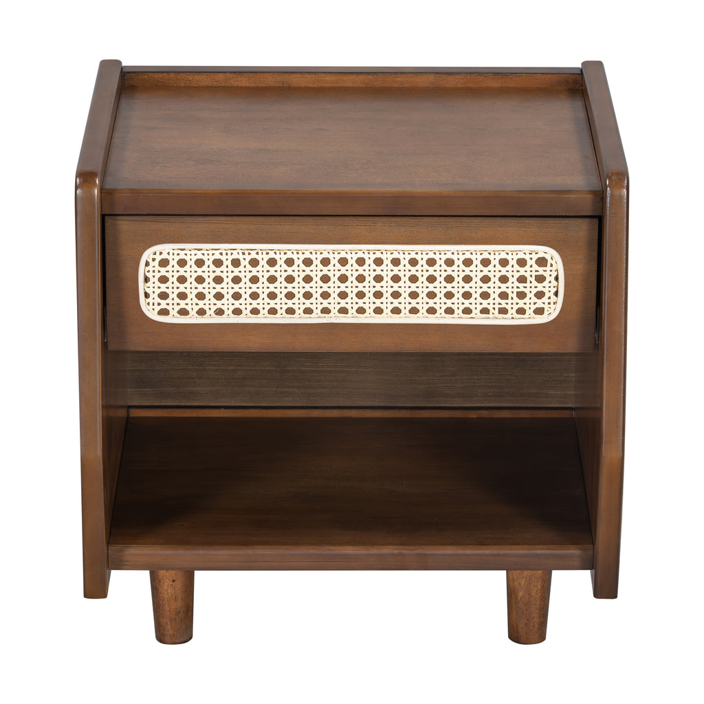 Walnut Nightstand with Rattan Detail
