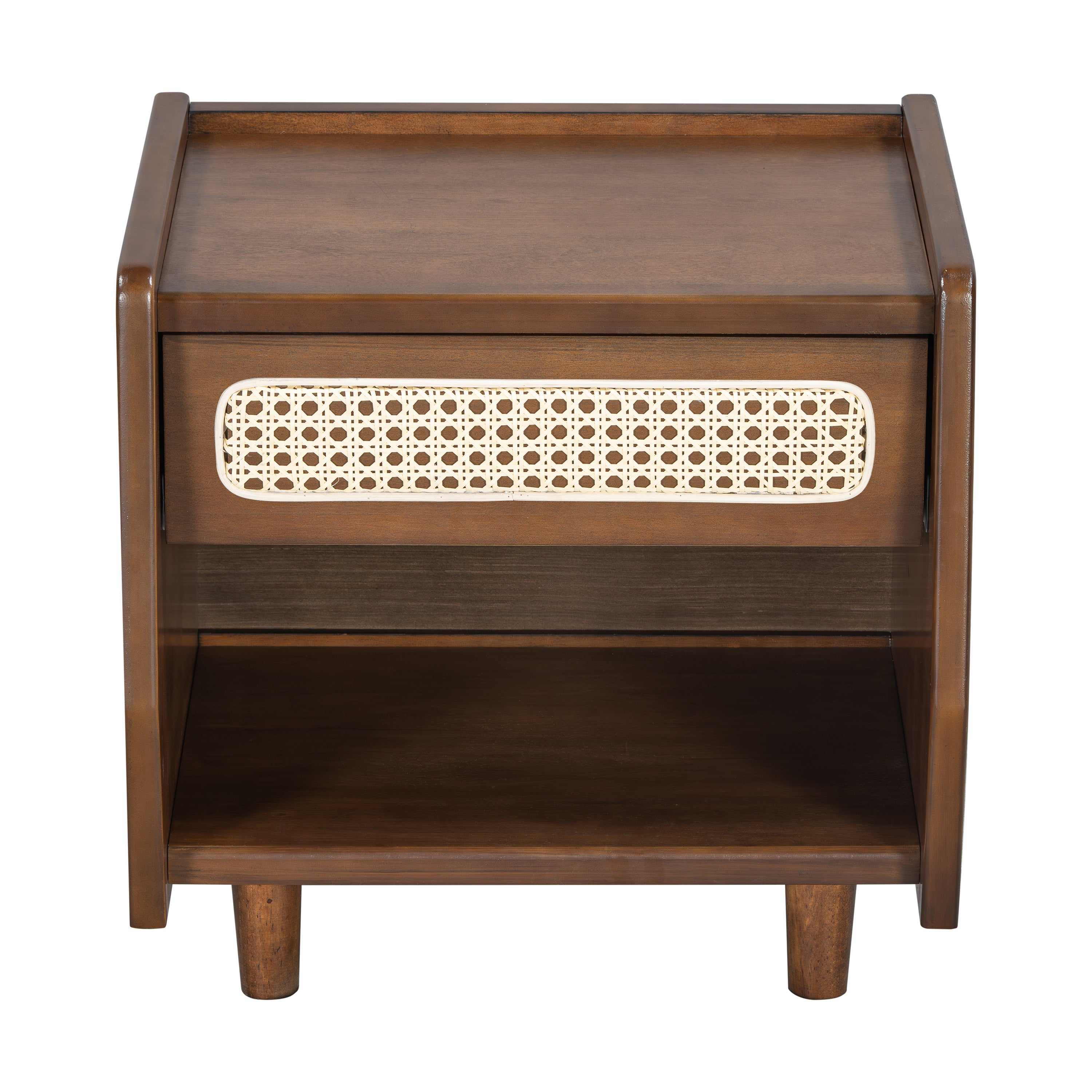 Walnut Nightstand with Rattan Detail