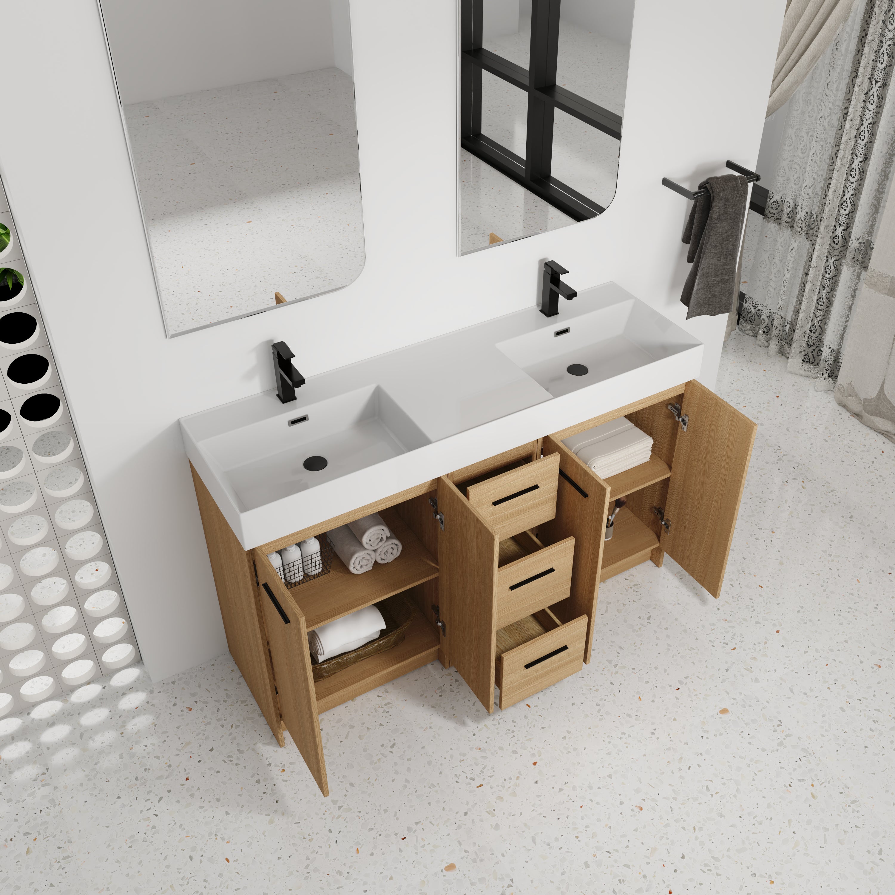 60" Double Sink Bathroom Vanity with 3 Drawers and Integrated Resin Sink