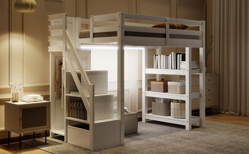 Twin Size Loft Bed with Shelves and Storage Staircase