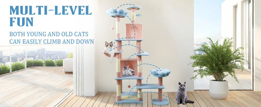 71-Inch Flower Cat Tree with Large Condo, Removable Cushion, and Hammock, Blue