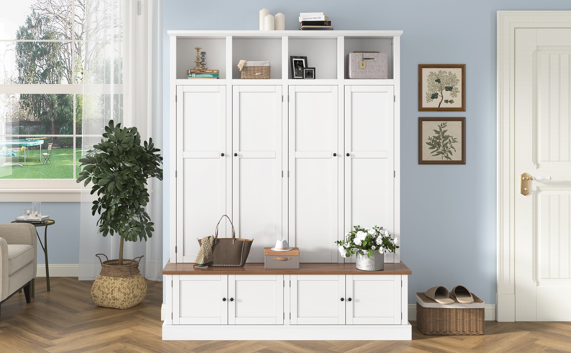 Vibe Haus 76.7''H Farmhouse Hall Tree with Bench and Cabinet
