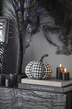 Set of 2 Fabric Black-White Plaid Pumpkin Decor