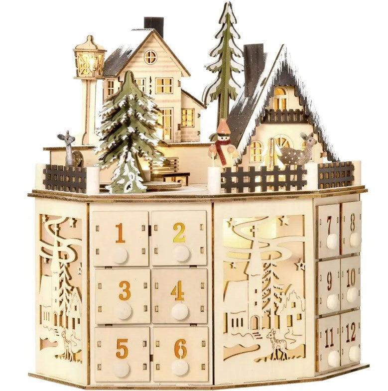 Wooden Christmas Advent Calendar with Village Scene and 24 Drawers, Natural
