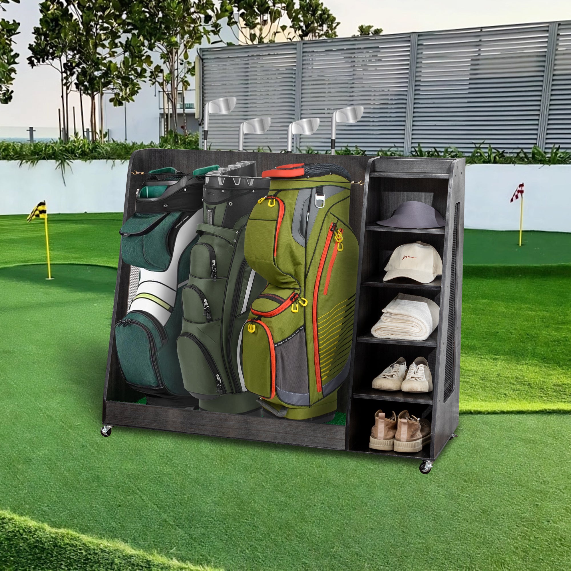 Gray Wooden Golf Bag Storage Rack with 3 Drawers