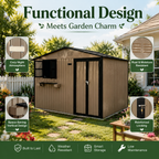 10x8 FT Outdoor Metal Storage Shed with Window & Flower Rack