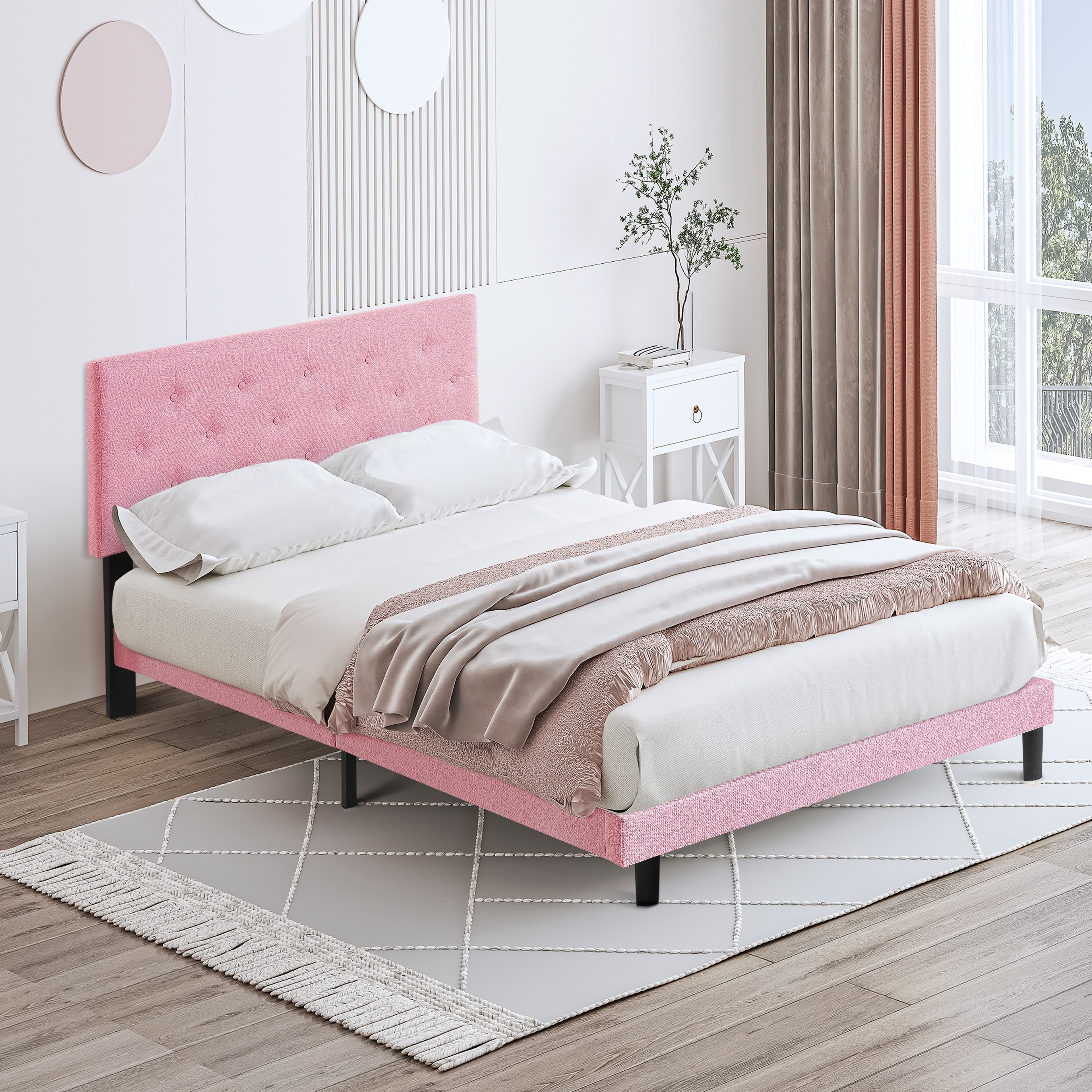 Full Size Upholstered Platform Bed Frame with Modern Button Tufted