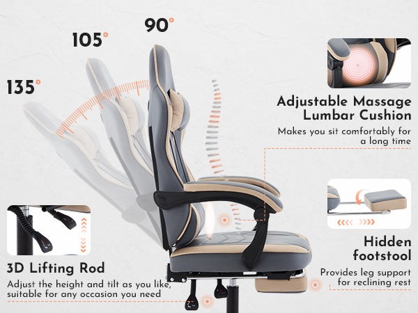 Ergonomic Gaming Chair with Footrest and Massage Lumbar Support