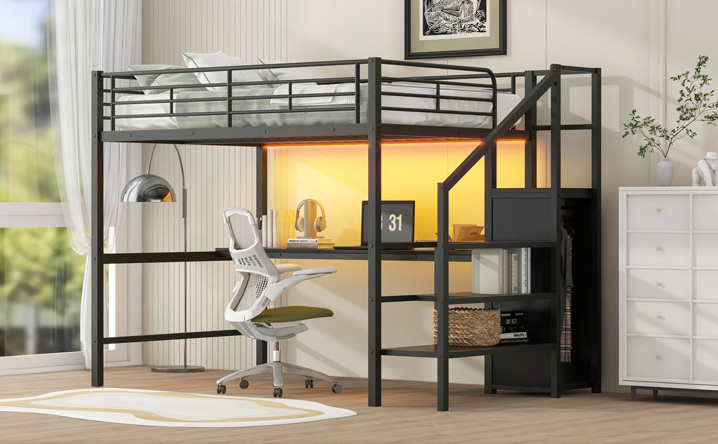 Full Size Metal Loft Bed with Desk, Storage Staircase, Small Wardrobe and LED Light