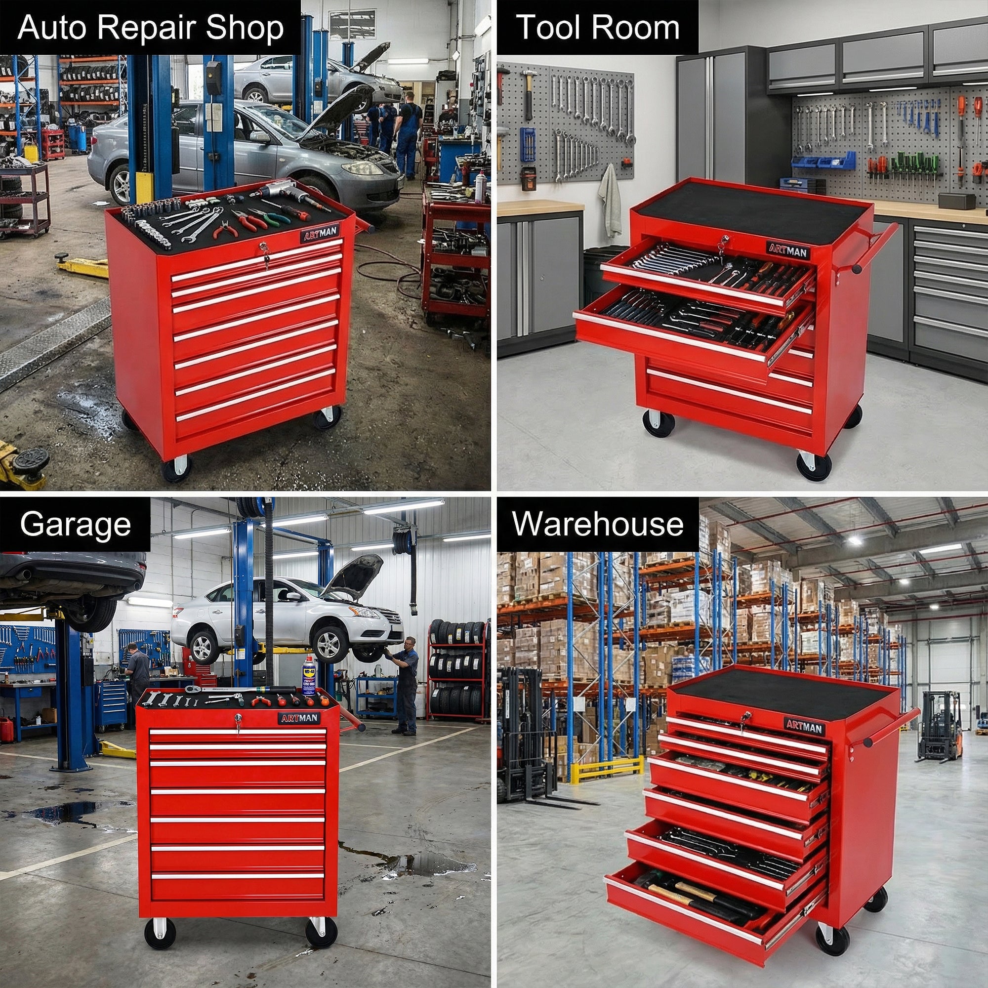 7 Drawers Multifunctional Tool Cart With Wheels - Red
