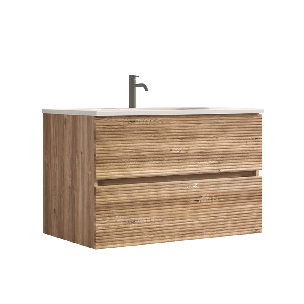 Gloria 30" Wall-Mounted Bathroom Vanity, Rough Oak with Integrated Ceramic Sink