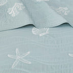4 Piece Cotton Reversible Embroidered Quilt Set with Throw Pillow - Aqua King/Cal King