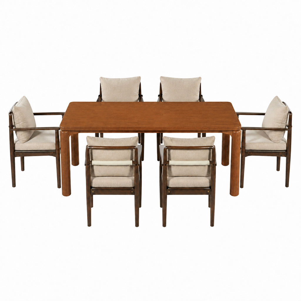 7-Piece Mid-Century Dining Set, 70-Inch Table with 6 Padded Arm Chairs, Walnut and Beige