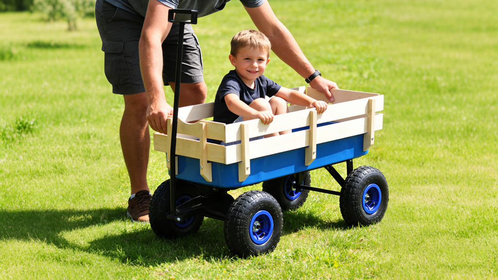 Outdoor Wagon All Terrain Pulling Wood Railing Air Tires Garden Cart